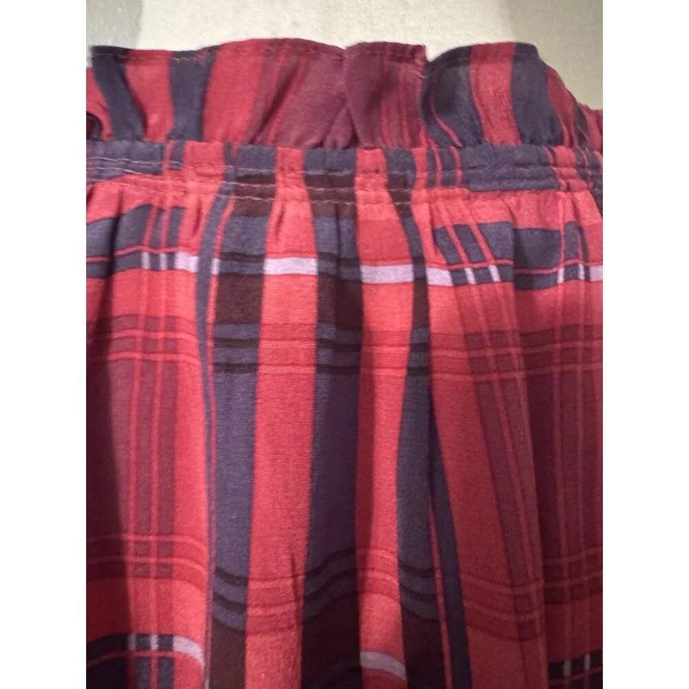 BCBGMAXAZRIA Top Blouse Shirt M Medium SILK Blue Berry Red Plaid Ruffle Trim